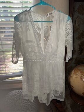 White Lace V-Neck Mini Dress